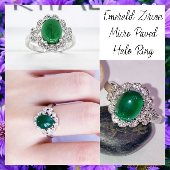 Art Deco Emerald Zircon Gemstone Micro Paved Halo Ring - Picture 1 of 6